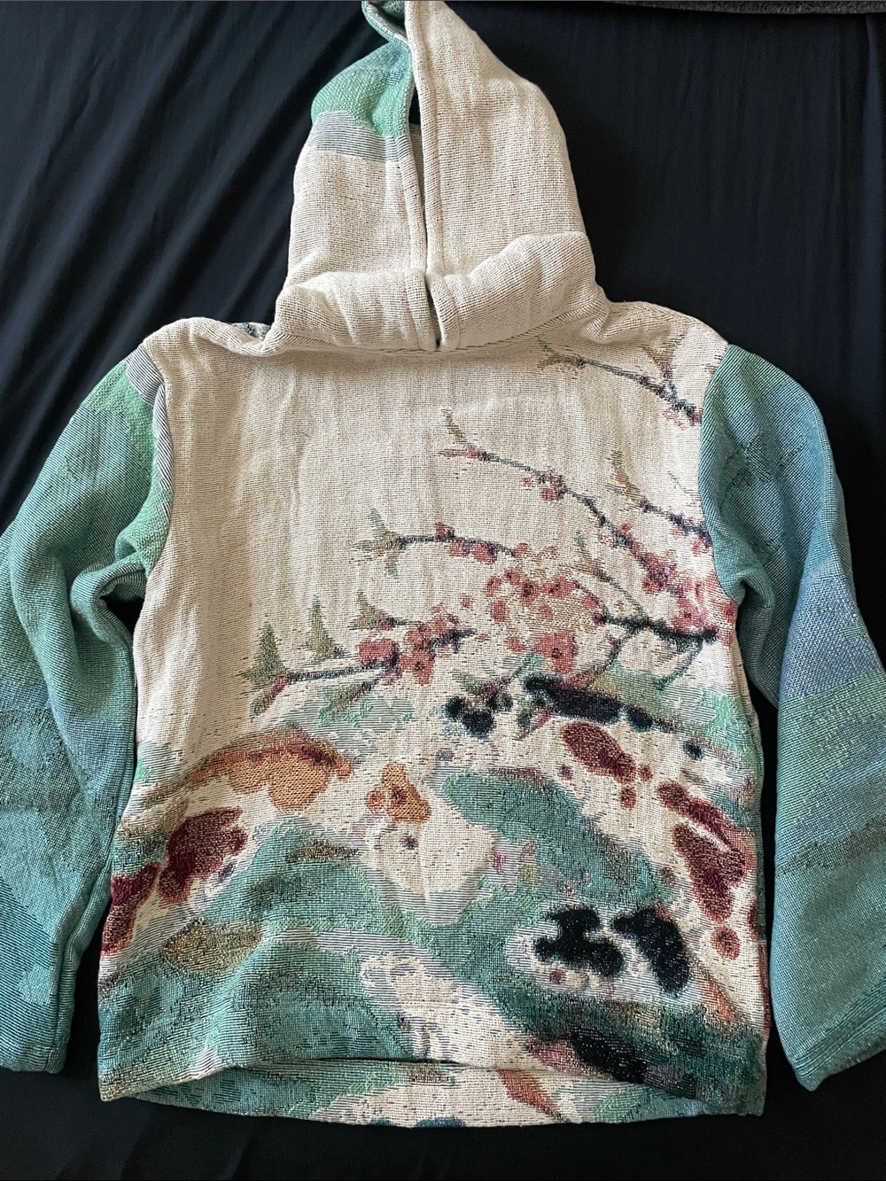 Hooded Floral Jacquard Sweater in Cream and Teal OVD 1 of 1